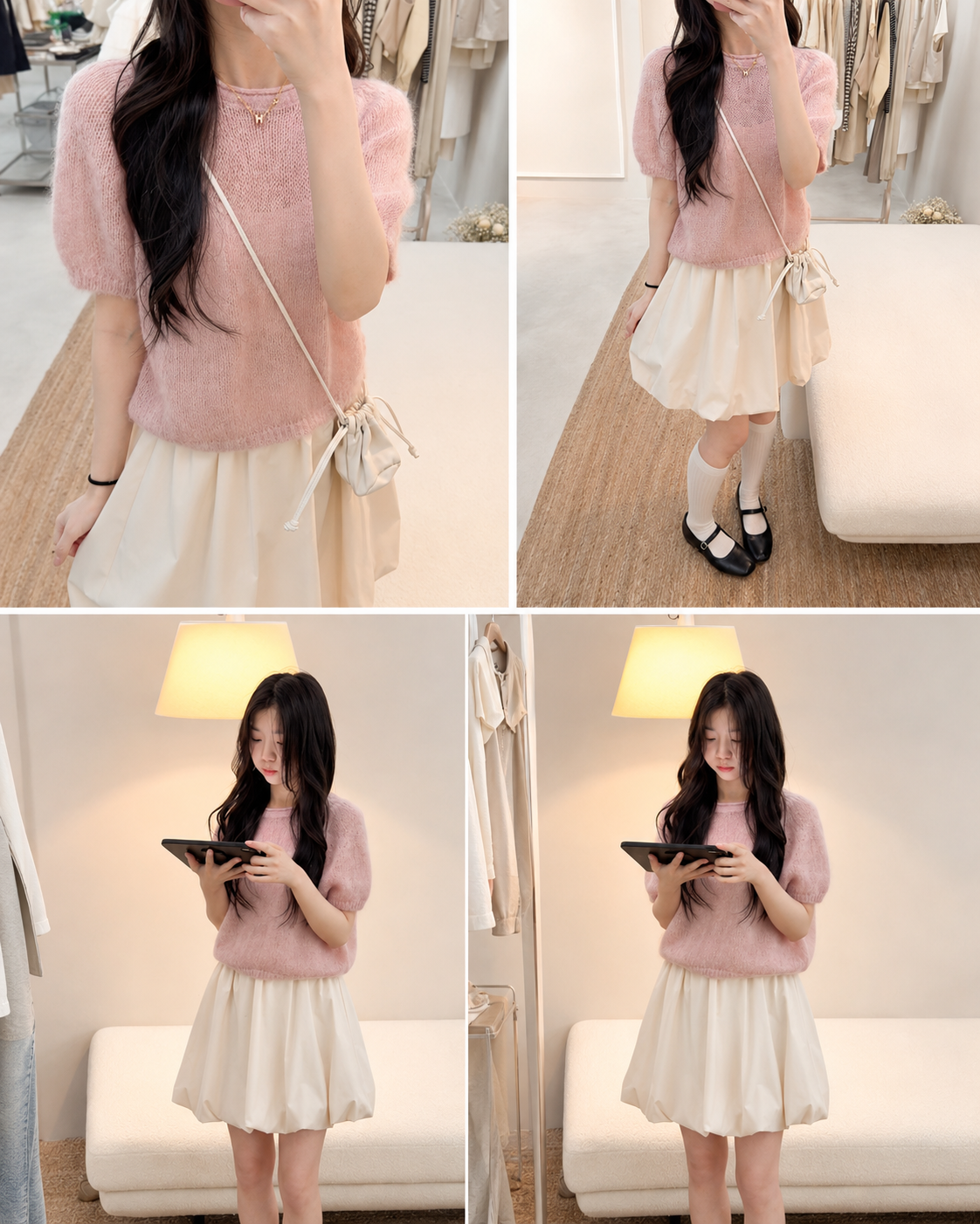 Pink Knit Top & Cream Bubble Mini Skirt Set