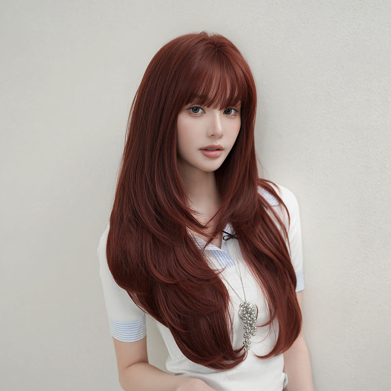 [C-0529] Wine Red Layered Wave Wig with Wispy Fringe