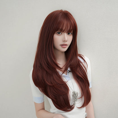 [C-0529] Wine Red Layered Wave Wig with Wispy Fringe