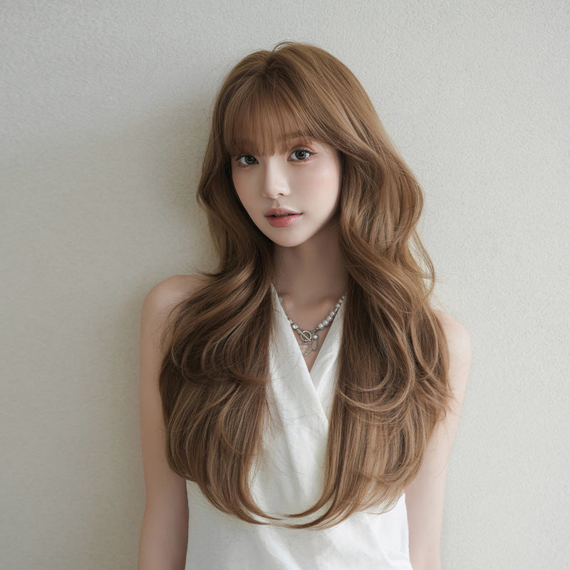 [C-0525] Soft Brown Layered Wave Wig with Wispy Fringe