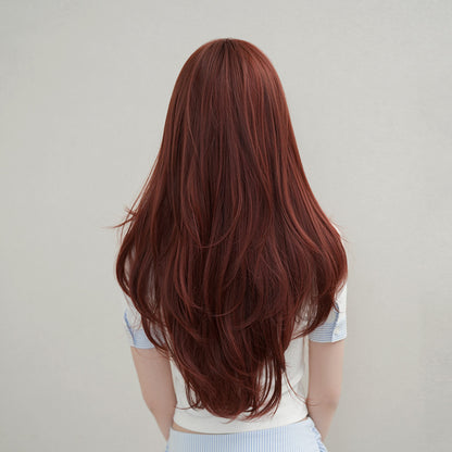 [C-0529] Wine Red Layered Wave Wig with Wispy Fringe