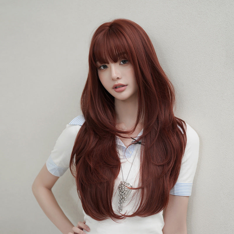 [C-0529] Wine Red Layered Wave Wig with Wispy Fringe