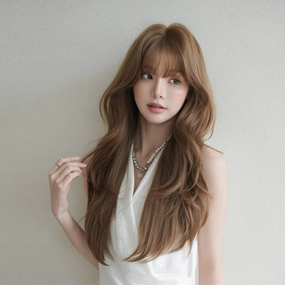 [C-0525] Soft Brown Layered Wave Wig with Wispy Fringe