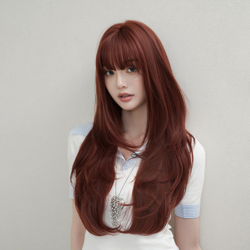 [C-0529] Wine Red Layered Wave Wig with Wispy Fringe