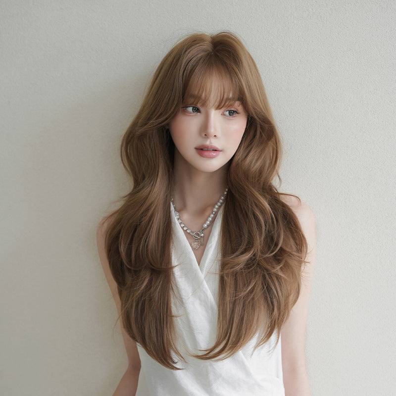 [C-0525] Soft Brown Layered Wave Wig with Wispy Fringe