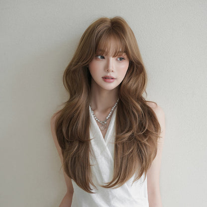 [C-0525] Soft Brown Layered Wave Wig with Wispy Fringe
