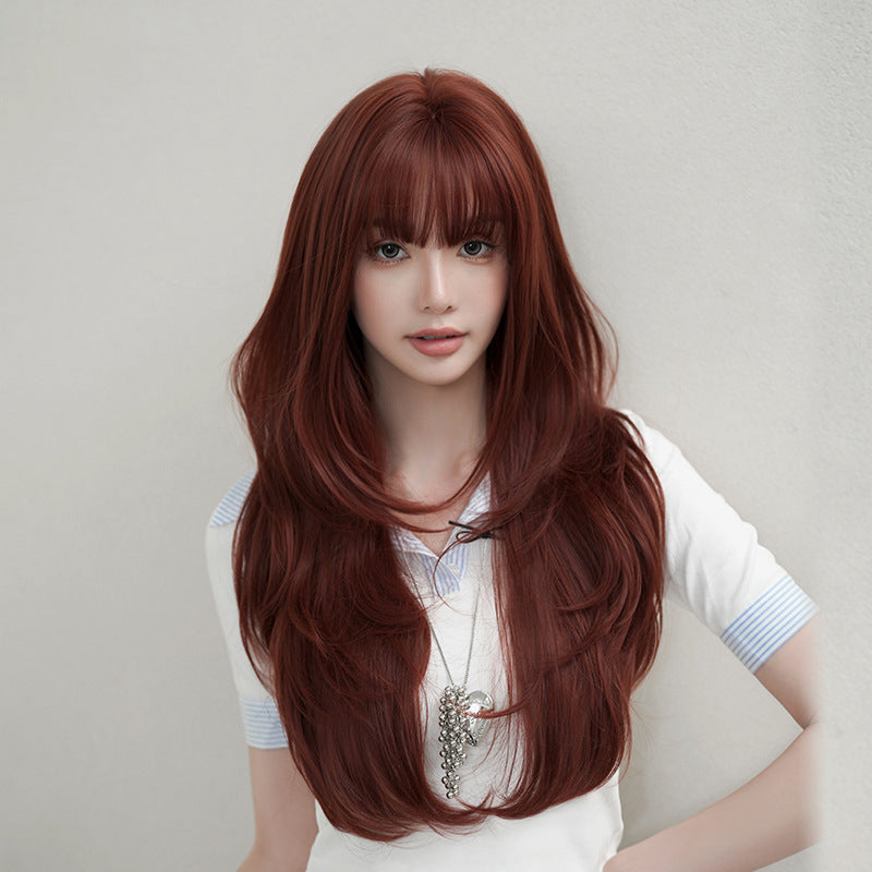 [C-0529] Wine Red Layered Wave Wig with Wispy Fringe