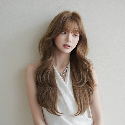 [C-0525] Soft Brown Layered Wave Wig with Wispy Fringe