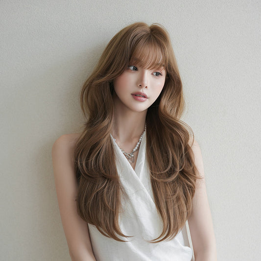 [C-0525] Soft Brown Layered Wave Wig with Wispy Fringe