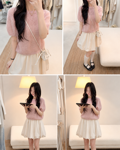 Pink Knit Top & Cream Bubble Mini Skirt Set