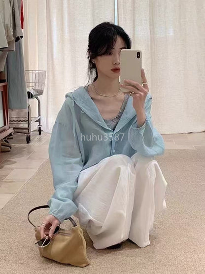 Sky Blue Sheer Hooded Lightweight Top