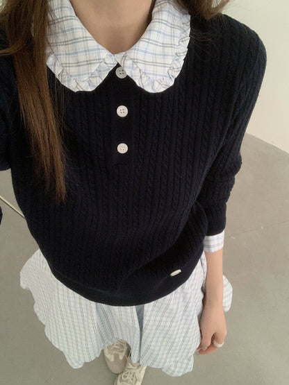 Navy Knit Collar Top & Plaid Ruffle Mini Skirt Set