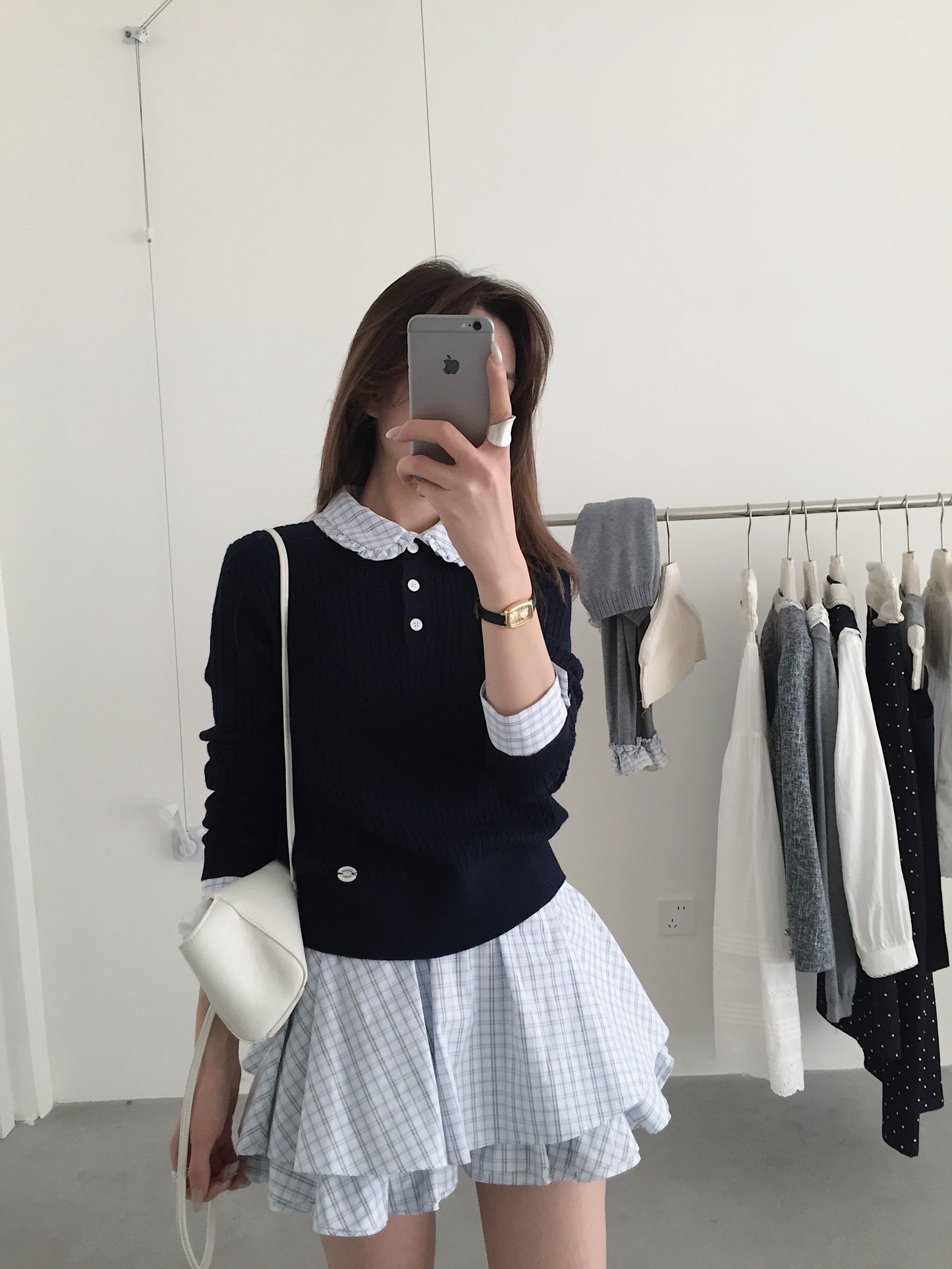 Navy Knit Collar Top & Plaid Ruffle Mini Skirt Set