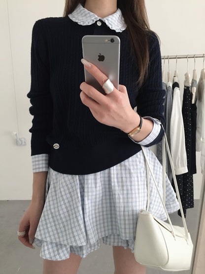 Navy Knit Collar Top & Plaid Ruffle Mini Skirt Set