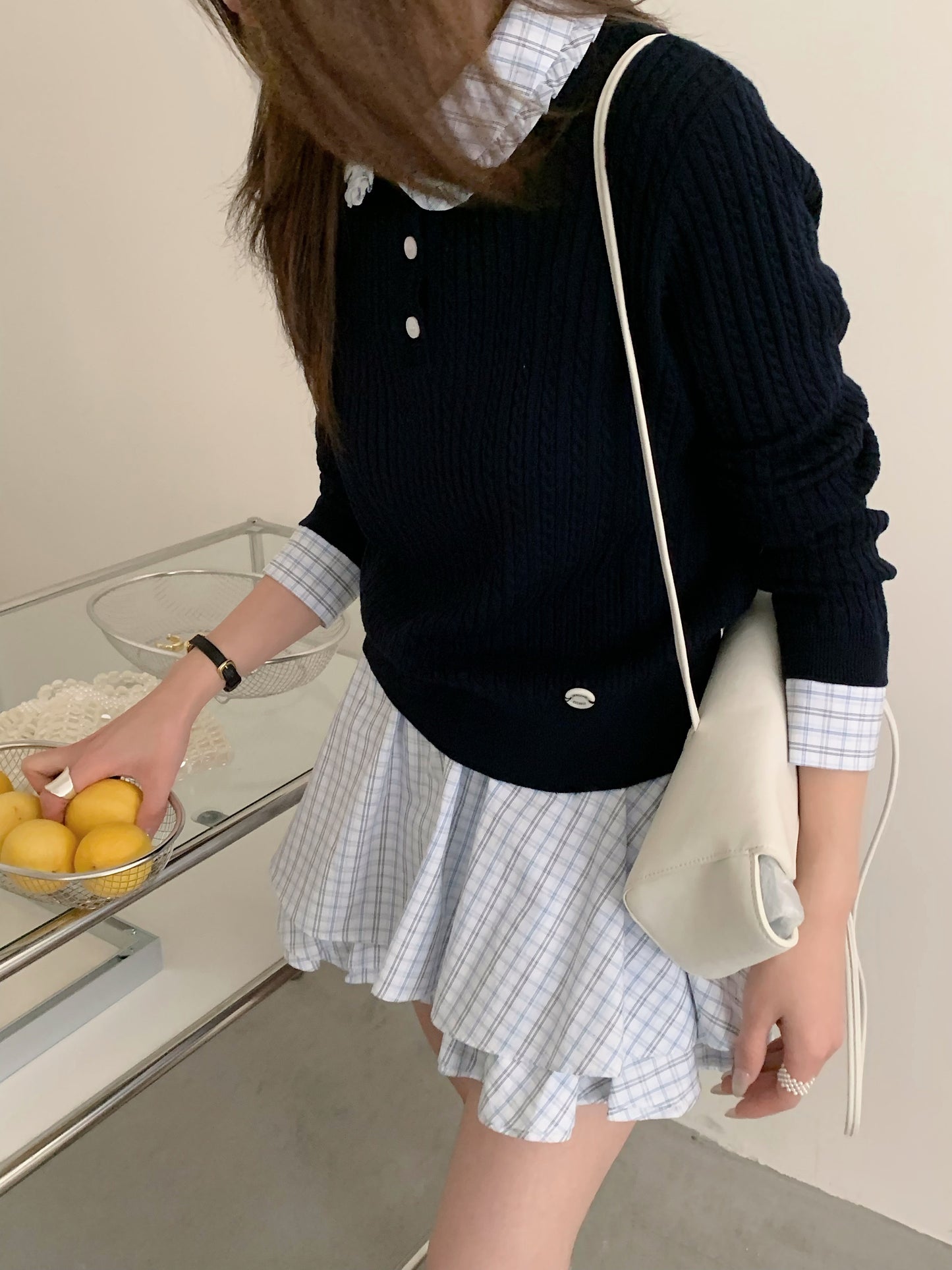 Navy Knit Collar Top & Plaid Ruffle Mini Skirt Set
