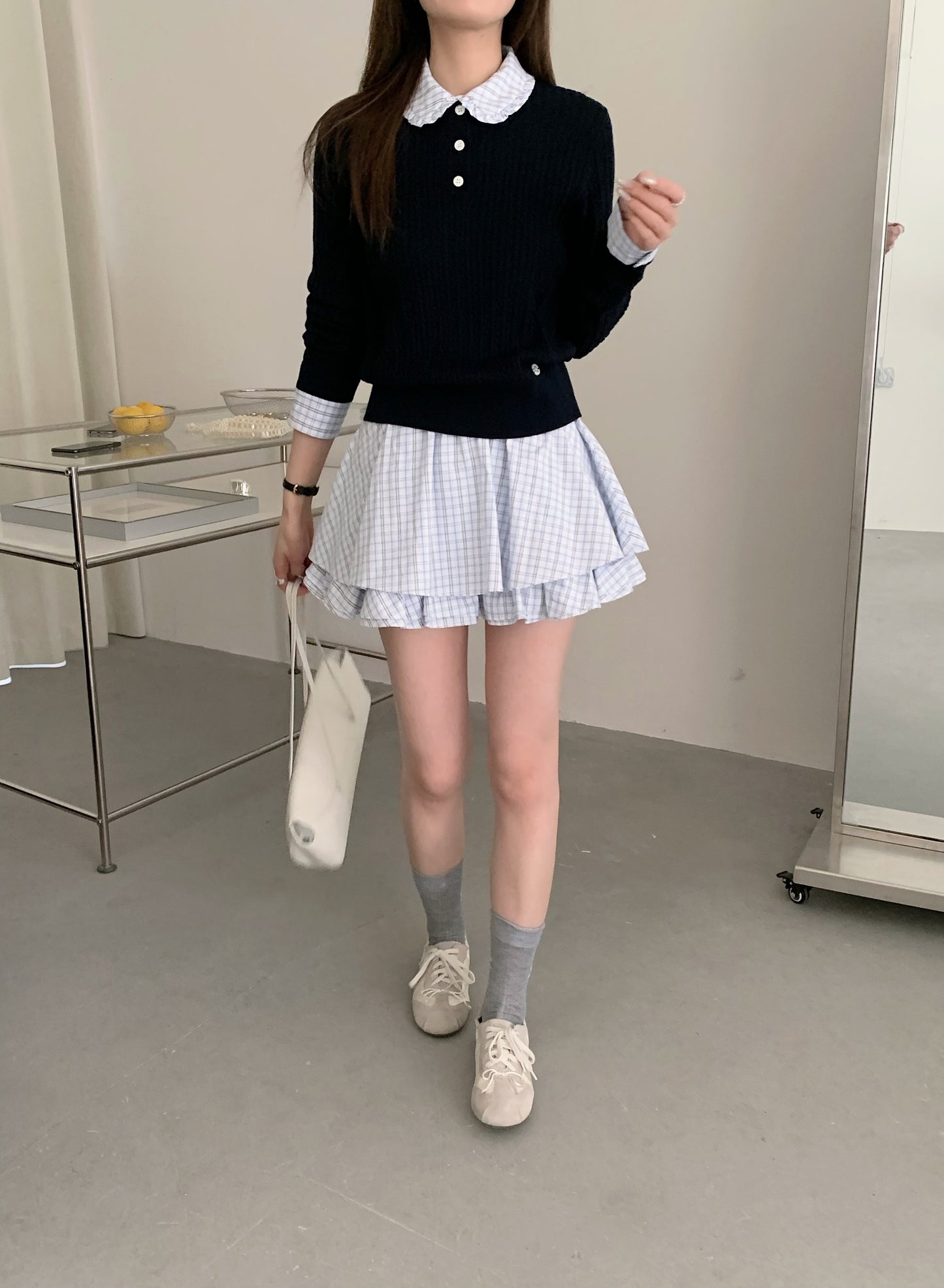 Navy Knit Collar Top & Plaid Ruffle Mini Skirt Set