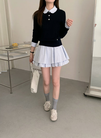 Navy Knit Collar Top & Plaid Ruffle Mini Skirt Set