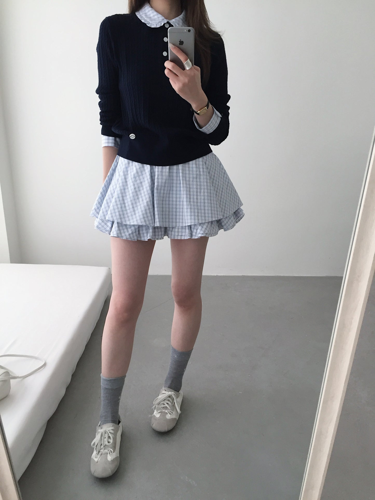 Navy Knit Collar Top & Plaid Ruffle Mini Skirt Set