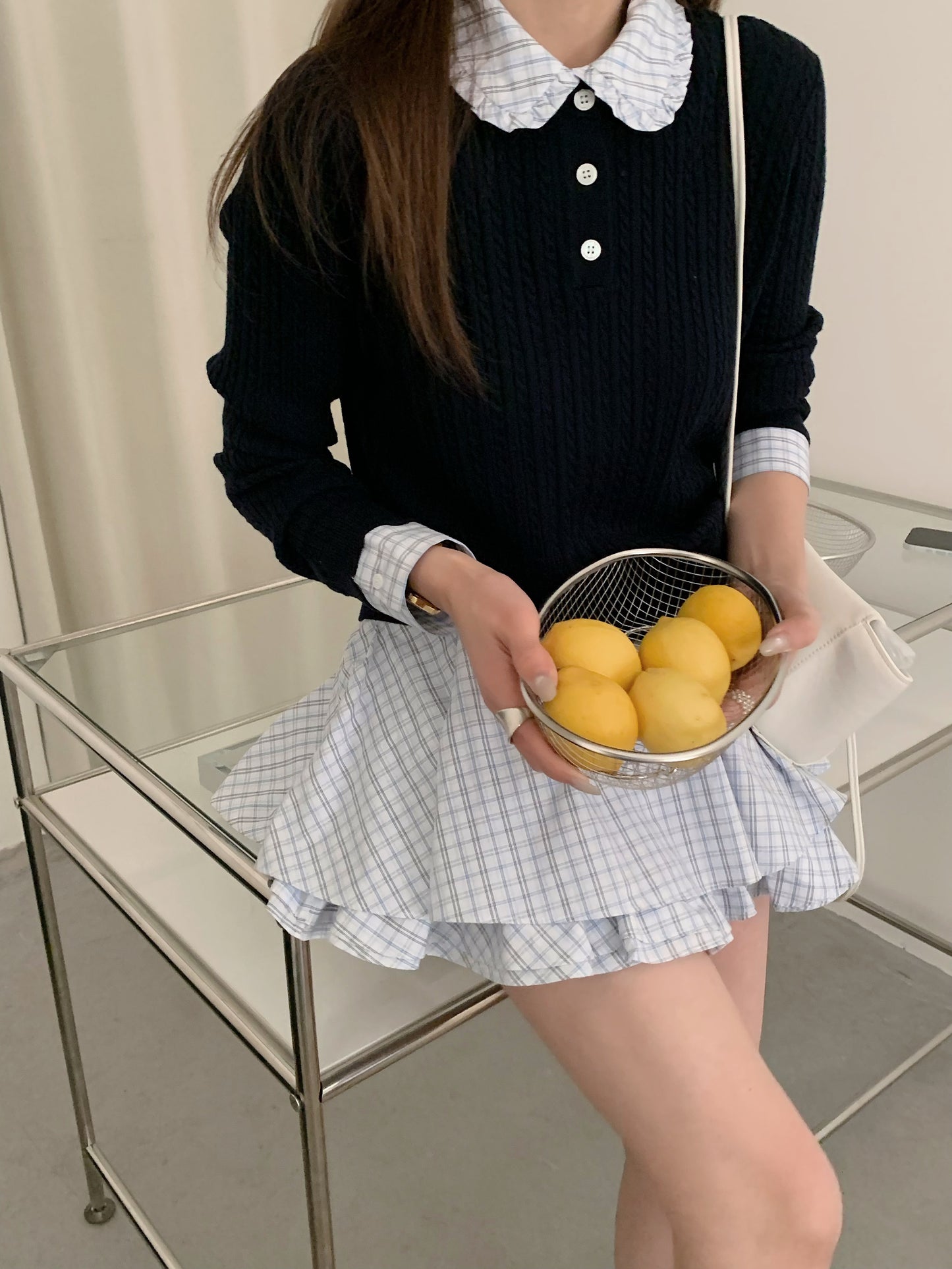 Navy Knit Collar Top & Plaid Ruffle Mini Skirt Set
