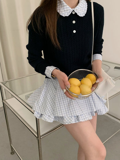 Navy Knit Collar Top & Plaid Ruffle Mini Skirt Set