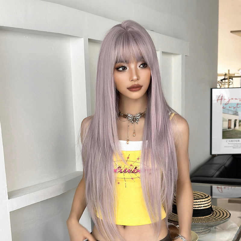 [C-0472-3] Taro Gray Purple 85 cm Long Straight Wig with Flexible Bangs