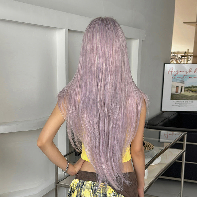 [C-0472-3] Taro Gray Purple 85 cm Long Straight Wig with Flexible Bangs