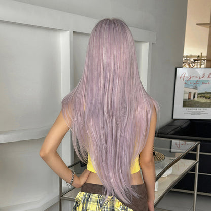 [C-0472-3] Taro Gray Purple 85 cm Long Straight Wig with Flexible Bangs