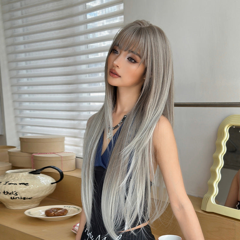 [C-0472-5] Korean Silver Grey Long Straight Wig with Air Bangs