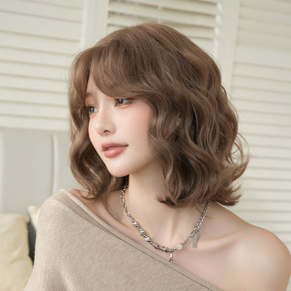 [D-152-6] Soft Ash Brown Curly Bob Wig with Wispy Fringe