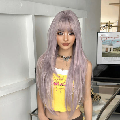 [C-0472-3] Taro Gray Purple 85 cm Long Straight Wig with Flexible Bangs