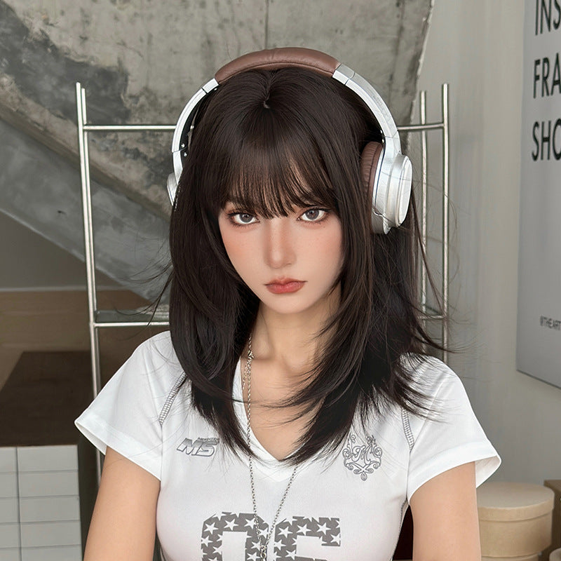 [C-0458] Dark Brown 50 cm Long Straight Wig with Flexible Bangs