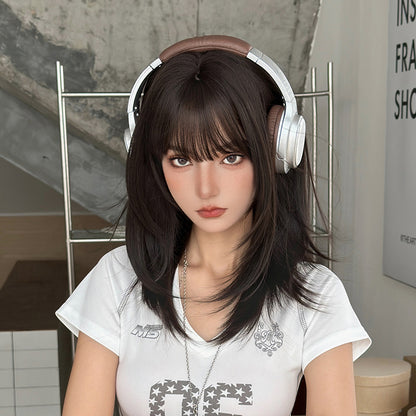 [C-0458] Dark Brown 50 cm Long Straight Wig with Flexible Bangs