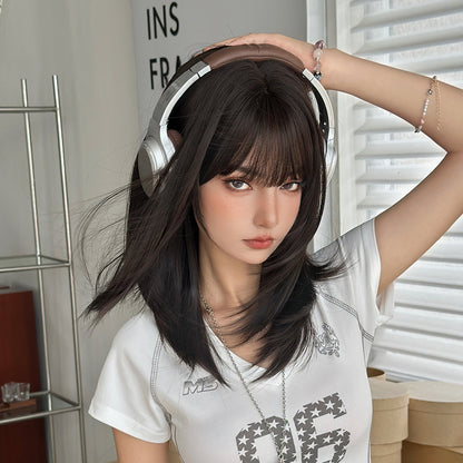 [C-0458] Dark Brown 50 cm Long Straight Wig with Flexible Bangs