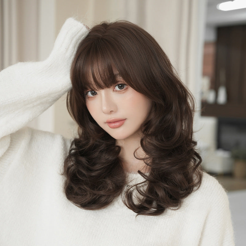 [C-0541] Black Brown 55 cm Long Curly Wig with Air Bangs