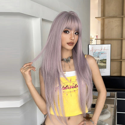 [C-0472-3] Taro Gray Purple 85 cm Long Straight Wig with Flexible Bangs