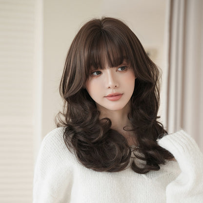 [C-0541] Black Brown 55 cm Long Curly Wig with Air Bangs