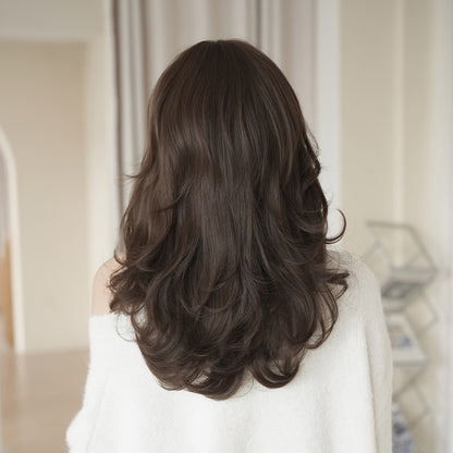 [C-0541] Black Brown 55 cm Long Curly Wig with Air Bangs