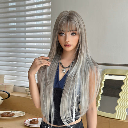 [C-0472-5] Korean Silver Grey Long Straight Wig with Air Bangs