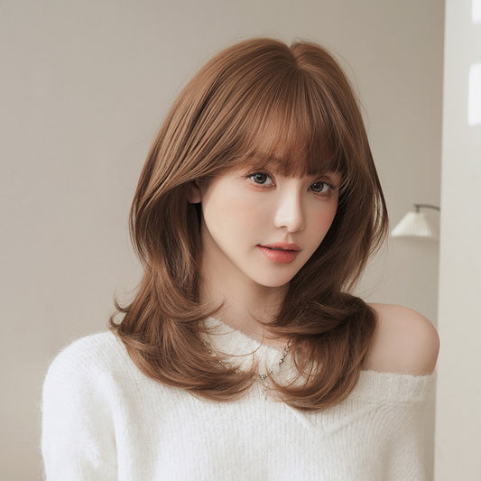 [D-182] Soft Brown Layered Bob Wig with Wispy Fringe