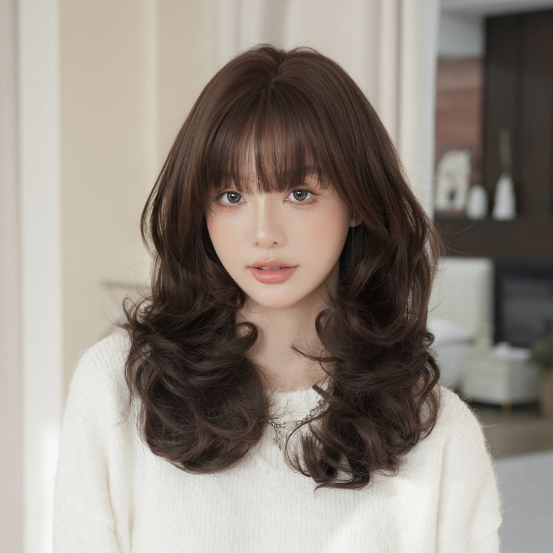 [C-0541] Black Brown 55 cm Long Curly Wig with Air Bangs