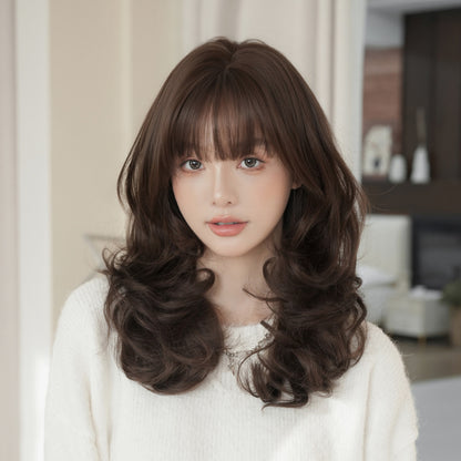 [C-0541] Black Brown 55 cm Long Curly Wig with Air Bangs