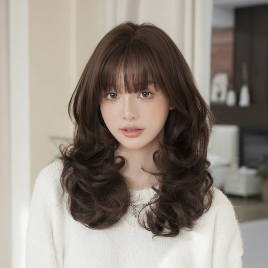 [C-0541] Black Brown 55 cm Long Curly Wig with Air Bangs