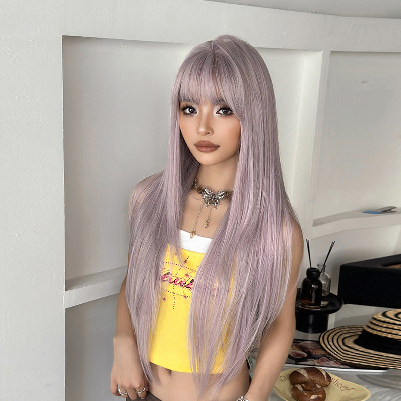 [C-0472-3] Taro Gray Purple 85 cm Long Straight Wig with Flexible Bangs
