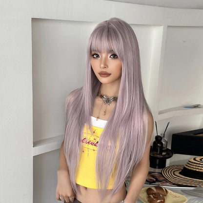 [C-0472-3] Taro Gray Purple 85 cm Long Straight Wig with Flexible Bangs