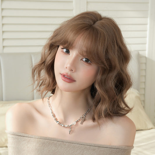 [D-152-6] Soft Ash Brown Curly Bob Wig with Wispy Fringe