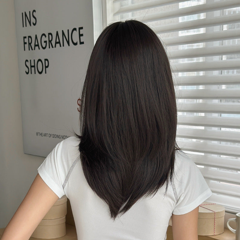 [C-0458] Dark Brown 50 cm Long Straight Wig with Flexible Bangs
