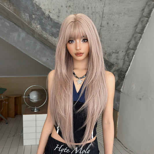 [ C-0472-2] Soft Beige Pink Long Wig with Wispy Fringe