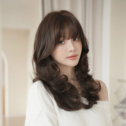 [C-0541] Black Brown 55 cm Long Curly Wig with Air Bangs