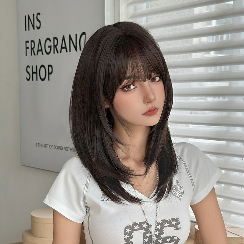 [C-0458] Dark Brown 50 cm Long Straight Wig with Flexible Bangs