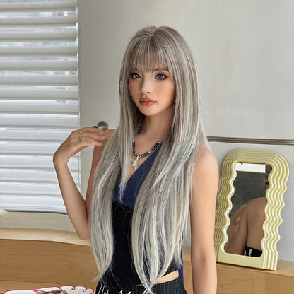 [C-0472-5] Korean Silver Grey Long Straight Wig with Air Bangs